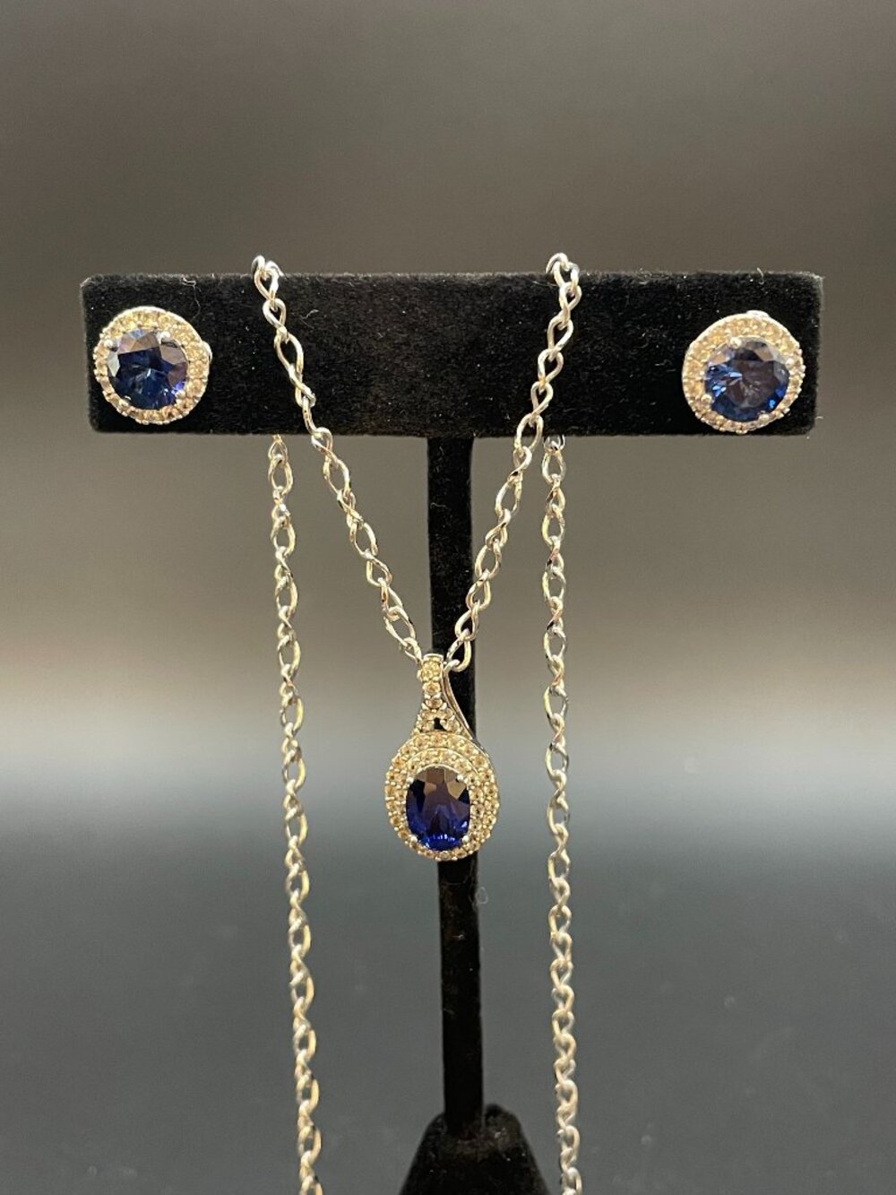 Sterling Silver and Sapphire Earring and Necklace Set